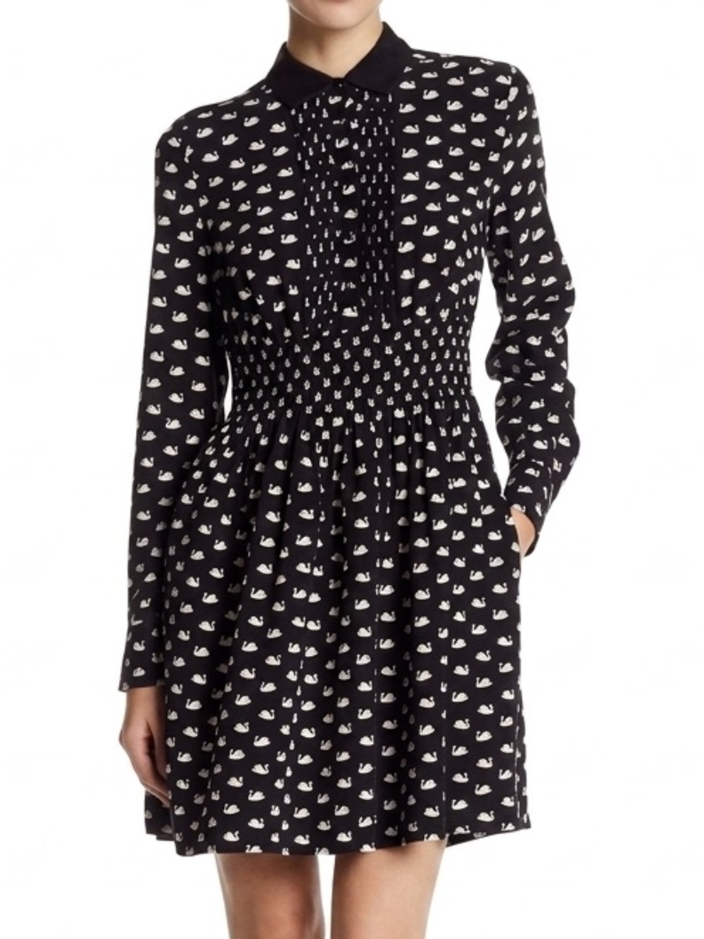 KATE SPADE Swan Print Silk Blend Shirtdress Black Size Large - Picture 5 of 16
